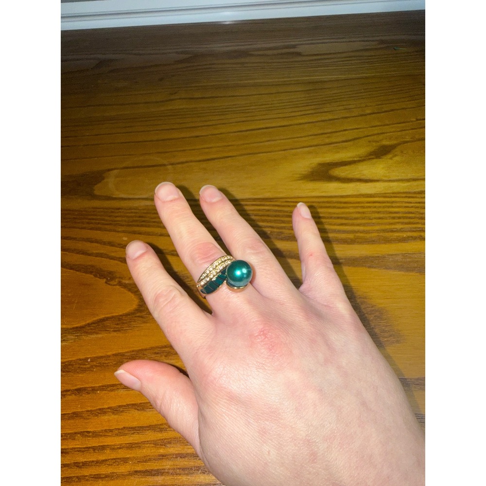 Gold Tone Teal Faux Pearl Green Enamel Rhinestone Statement Ring Size 9 - Picture 2 of 7